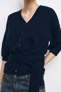 100% WOOL PUFF SLEEVE CARDIGAN