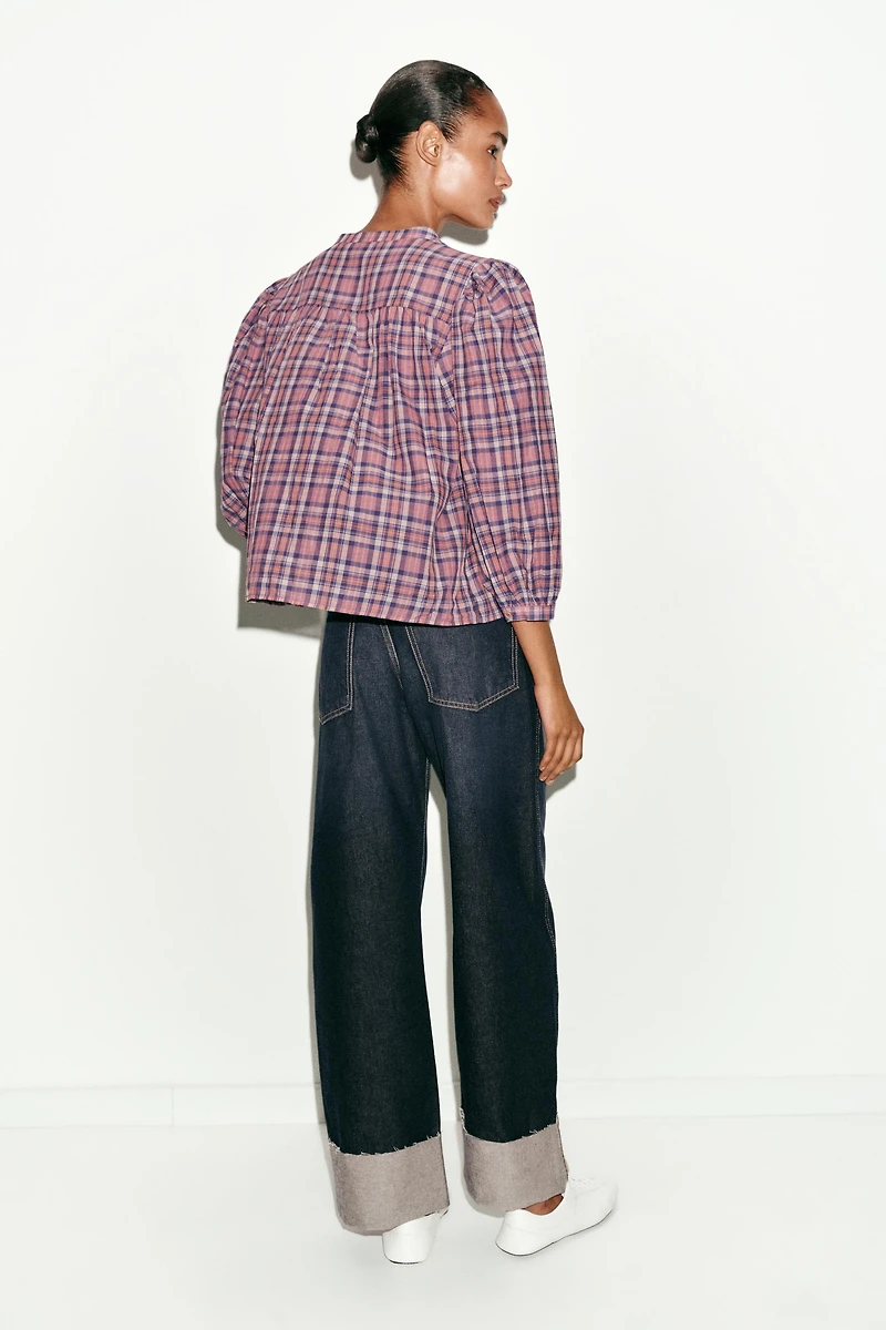 PLAID ROUND NECK BLOUSE