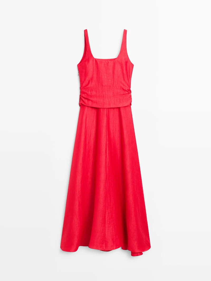 Linen blend double-layer midi dress