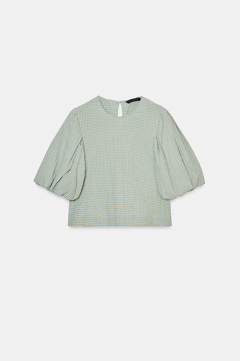 CHECKED BALLOON SLEEVE TOP