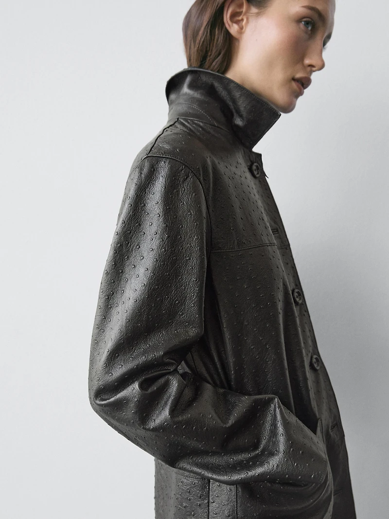 Long textured nappa leather coat