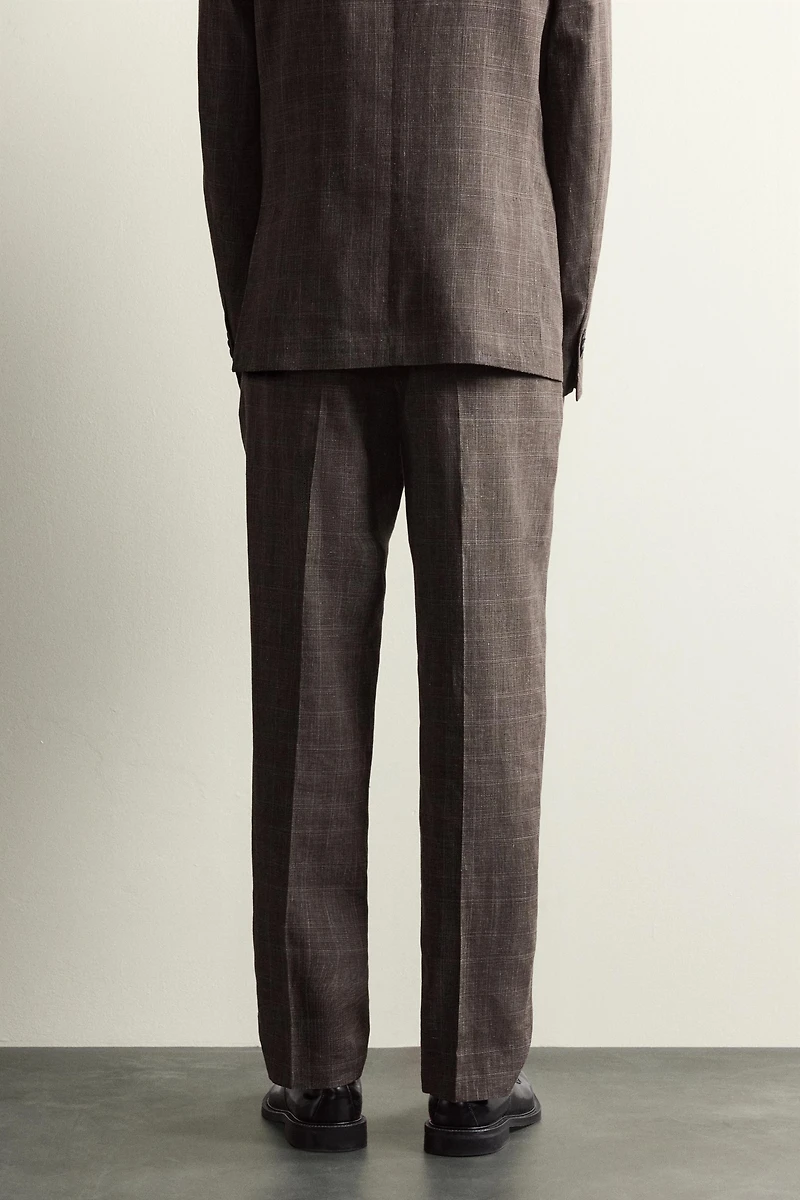 LINEN AND WOOL CHECK SUIT PANTS
