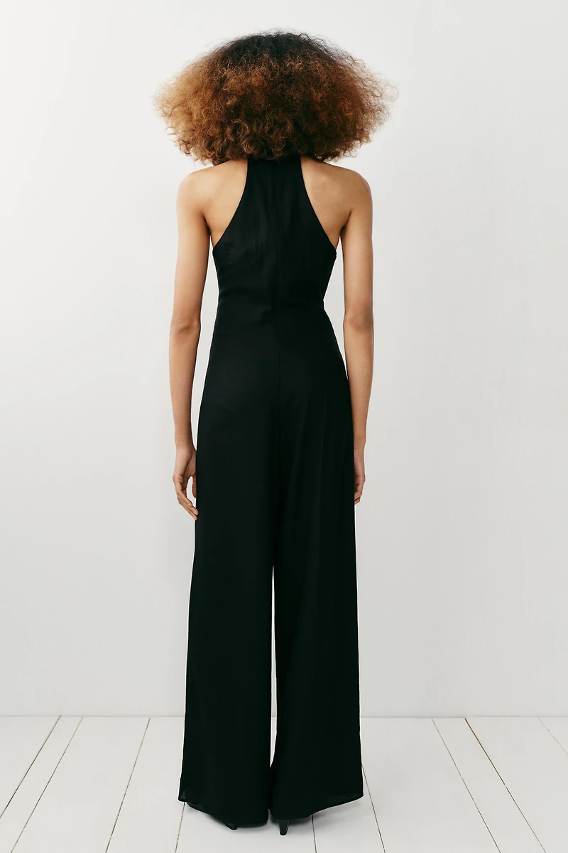 LINEN BLEND WIDE-LEG HALTER JUMPSUIT