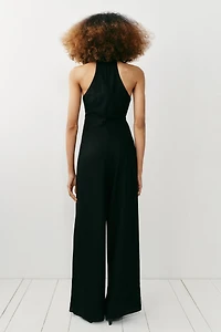 LINEN BLEND WIDE-LEG HALTER JUMPSUIT