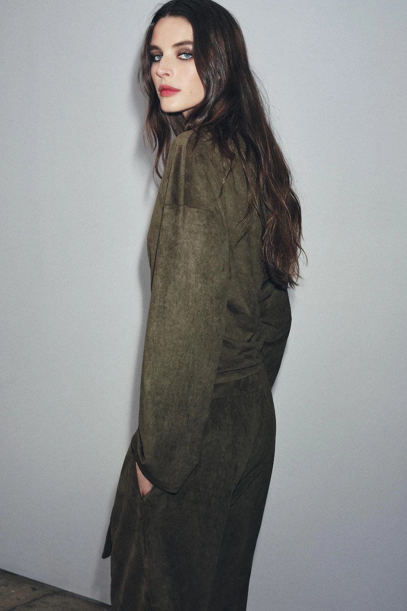 DRAPED FAUX SUEDE TOP