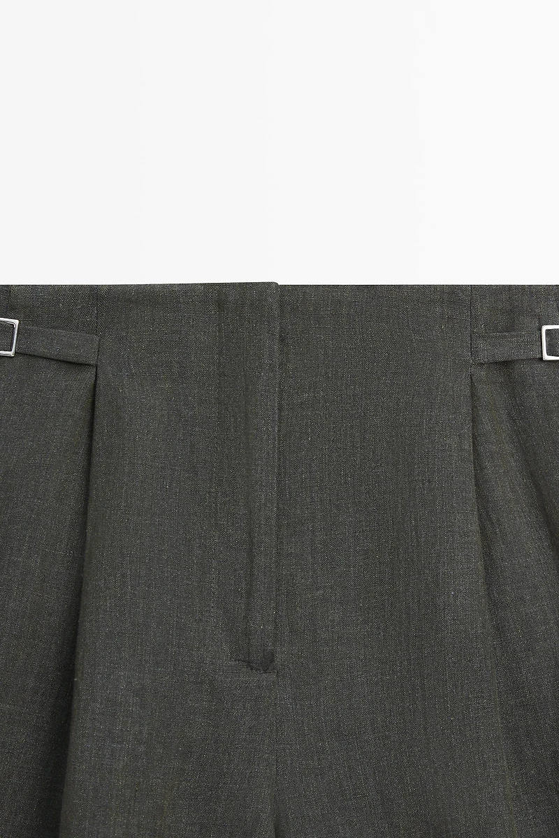 Long melange linen Bermuda shorts with buckle detail