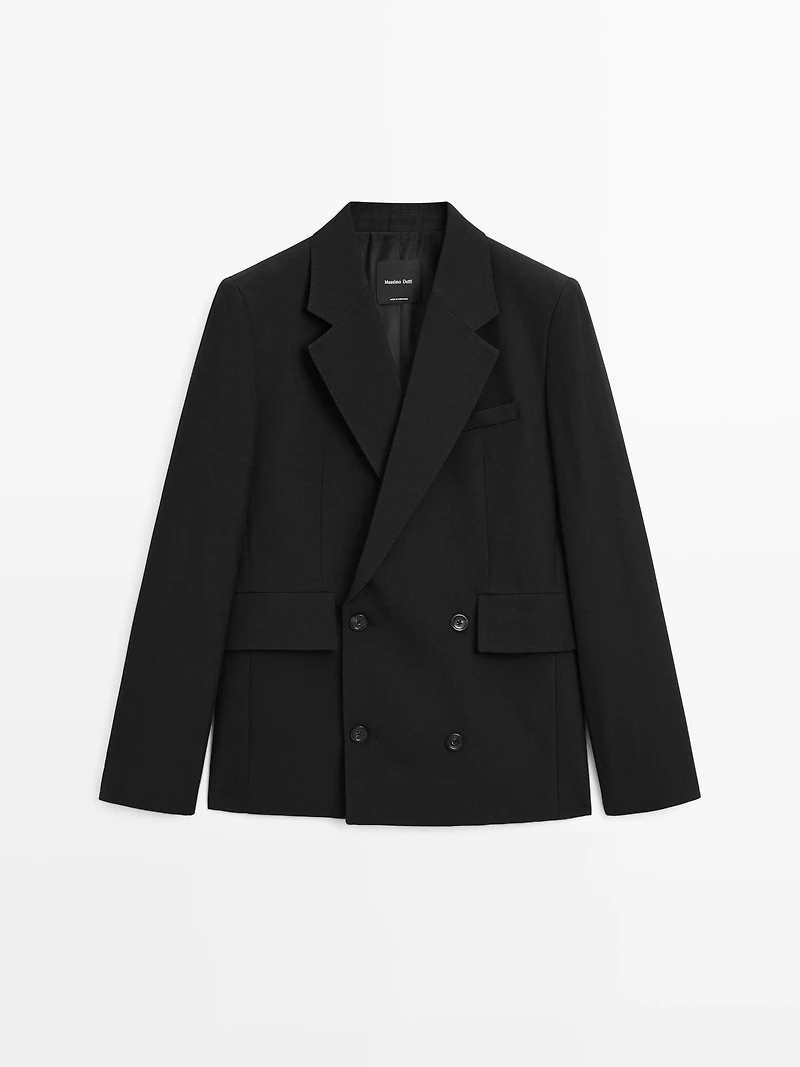 Cropped wool blend double-breasted blazer