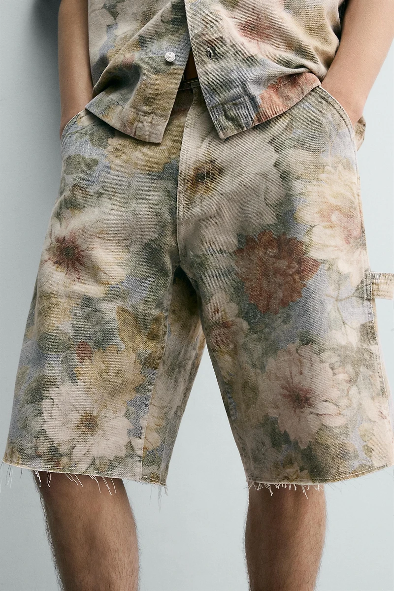 WASHED FLORAL PRINT RELAXED FIT SHORTS
