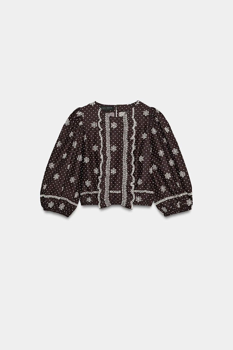 EMBROIDERED PERFORATED POLKA DOT BLOUSE