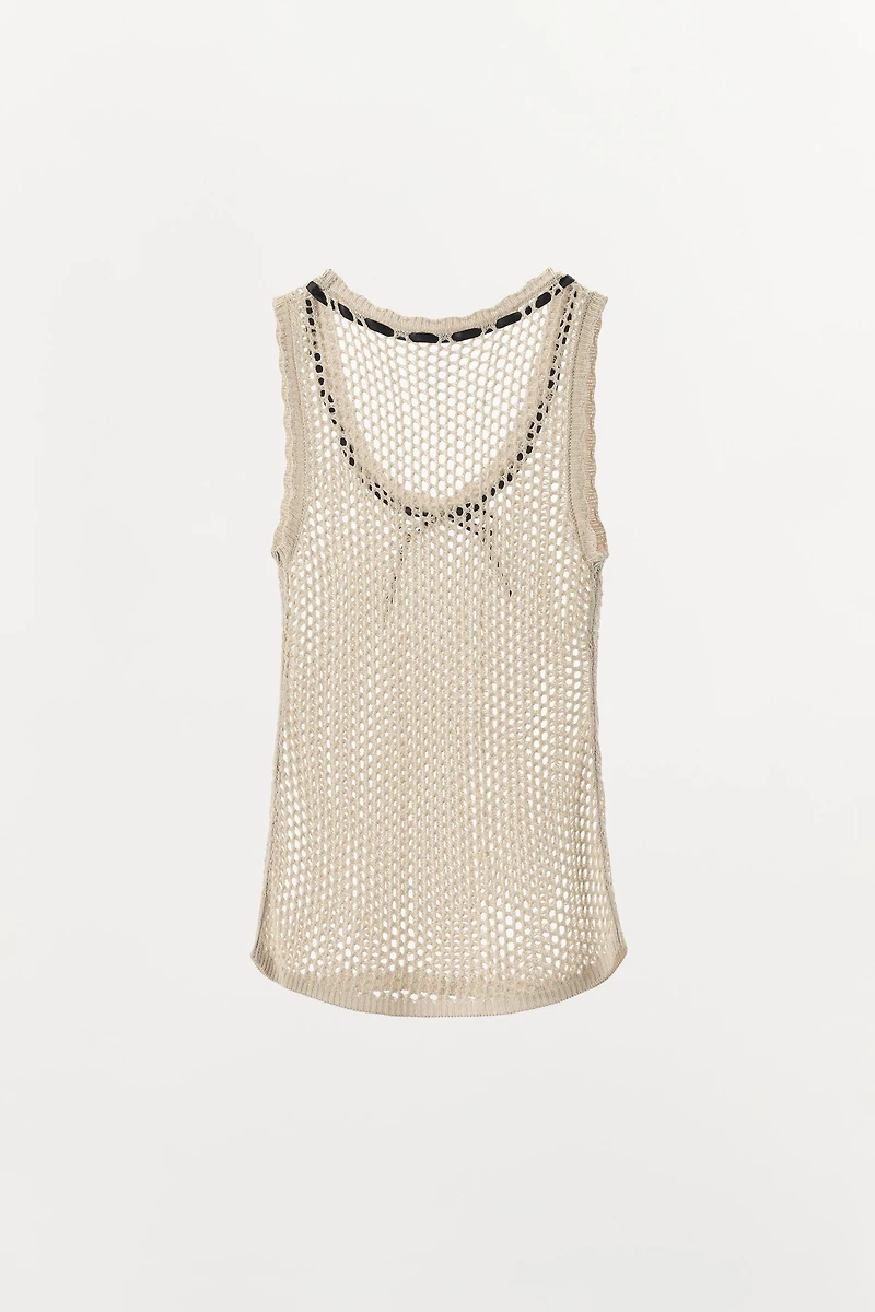 CONTRAST BOW OPEN KNIT T-SHIRT
