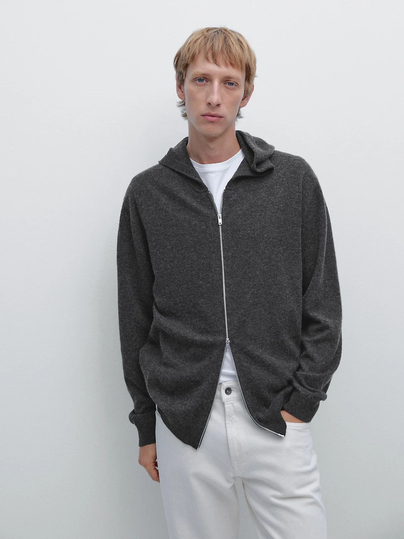 Zip-up knit cardigan with hood