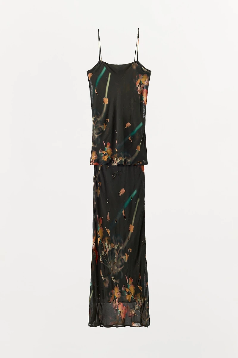 BEADED PRINTED CAPE DRESS