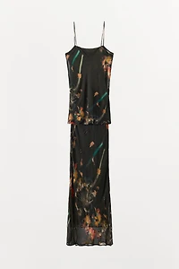 BEADED PRINTED CAPE DRESS