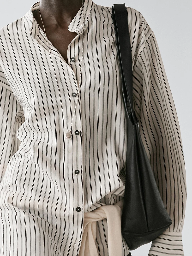 Striped flowing shirt with stand collar
