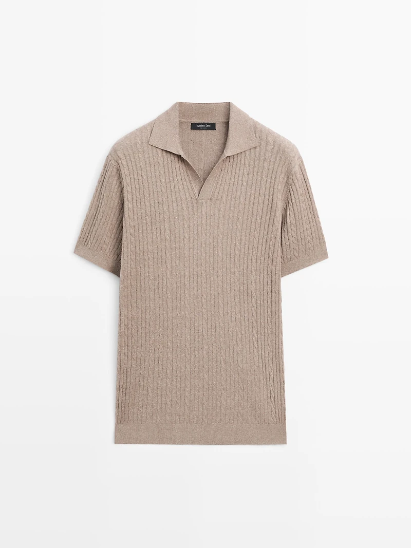 Short sleeve knit polo shirt with cable-knit detail
