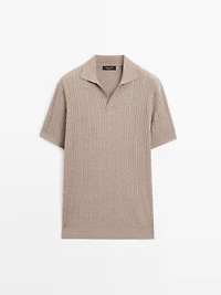 Short sleeve knit polo shirt with cable-knit detail