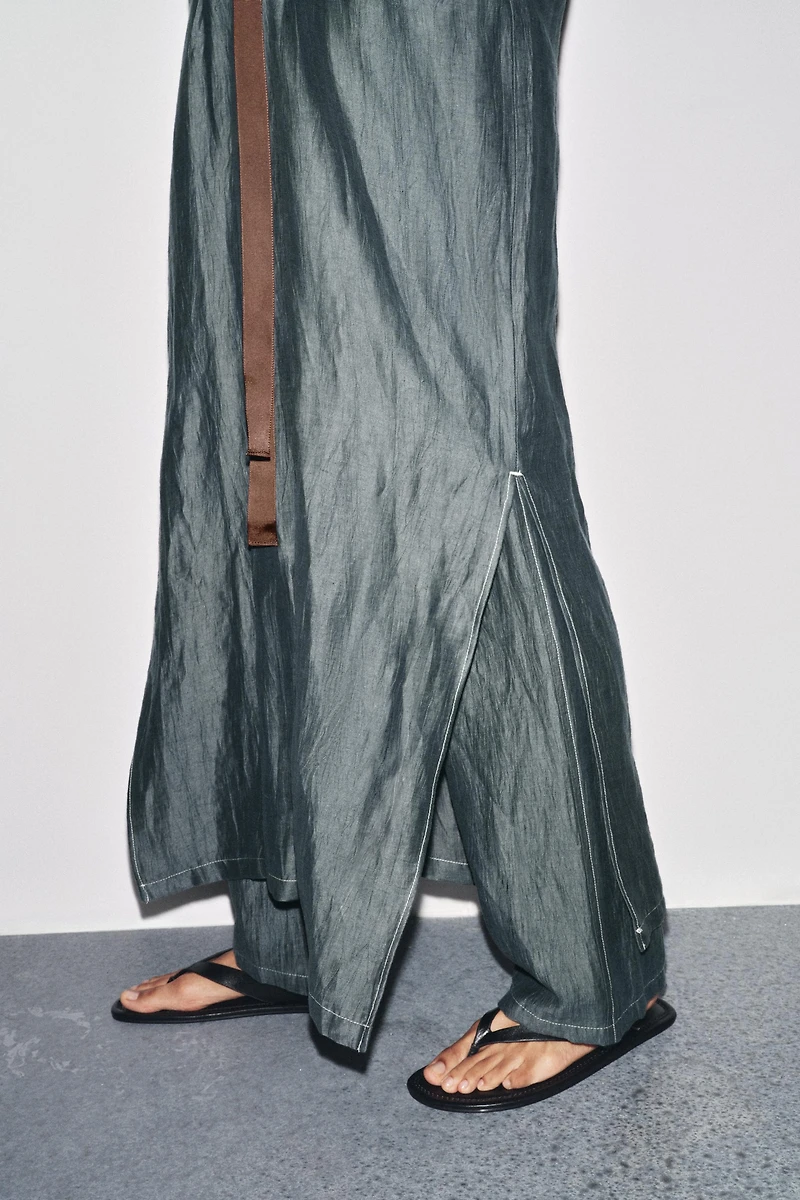CONTRAST TIED LINEN DRESS