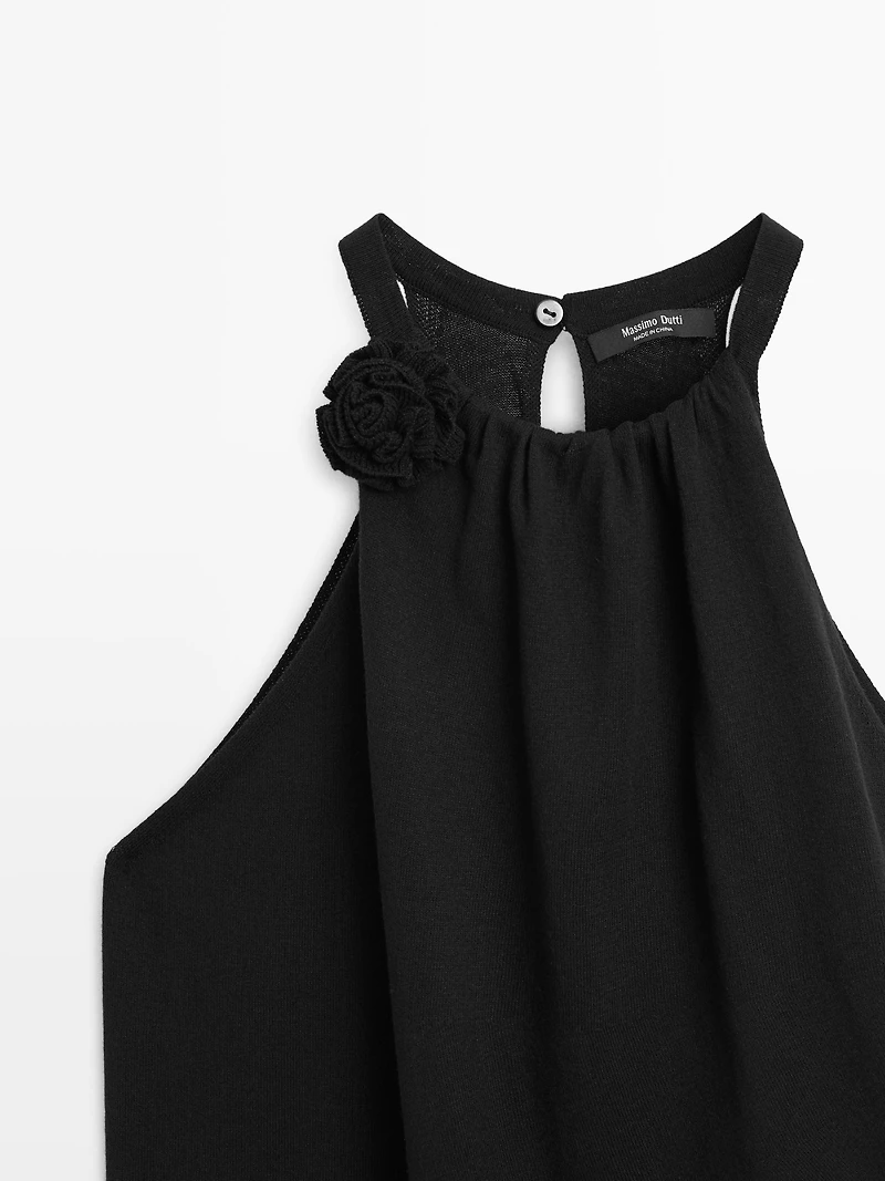 Knit cotton top with floral detail