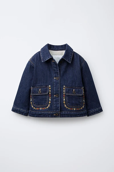 EMBROIDERED FLORAL FLEECE DENIM JACKET