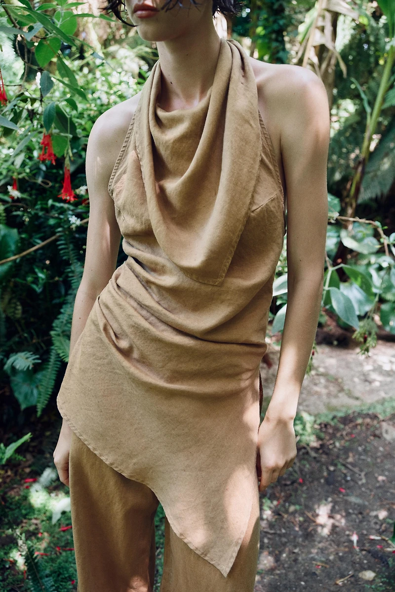 ASYMMETRIC LINEN HALTER TOP