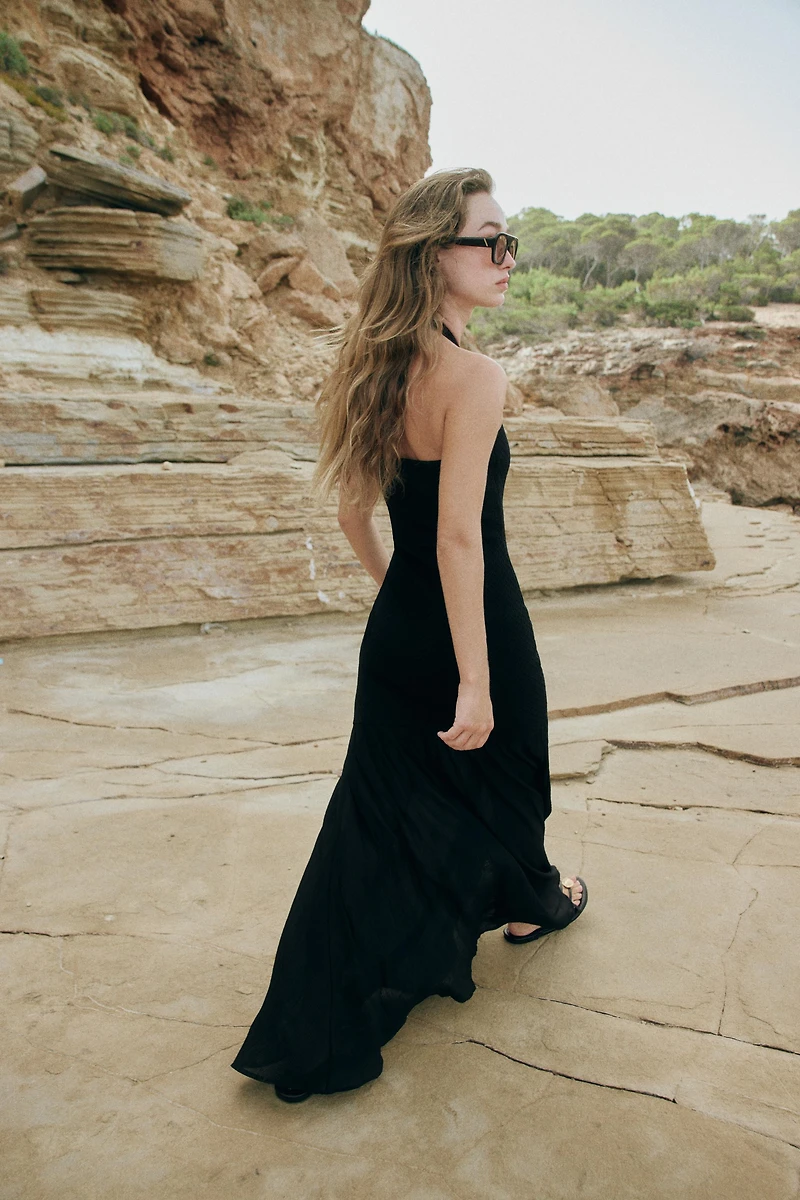 COMBINATION KNIT HALTER DRESS