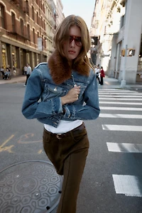 Z1975 FAUX FUR LAPEL CROPPED DENIM JACKET