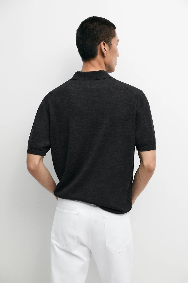 Short sleeve wool blend knit polo shirt