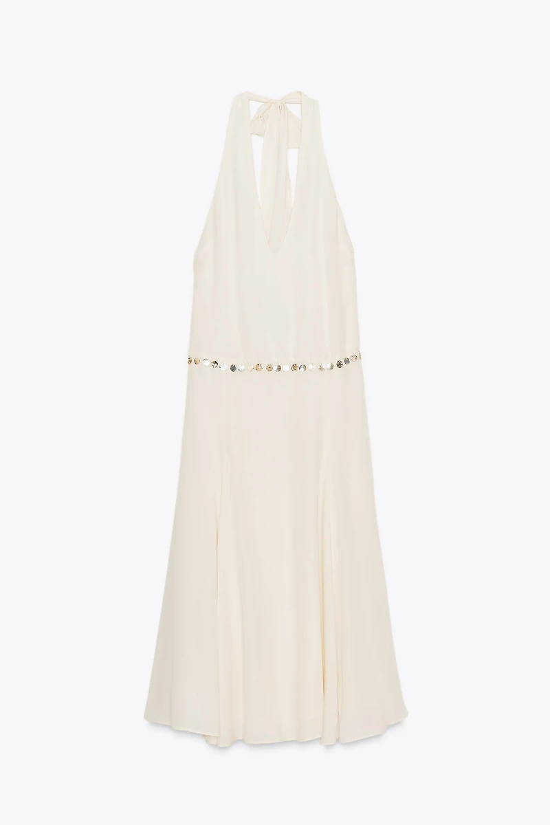 BEADED HALTER MIDI DRESS