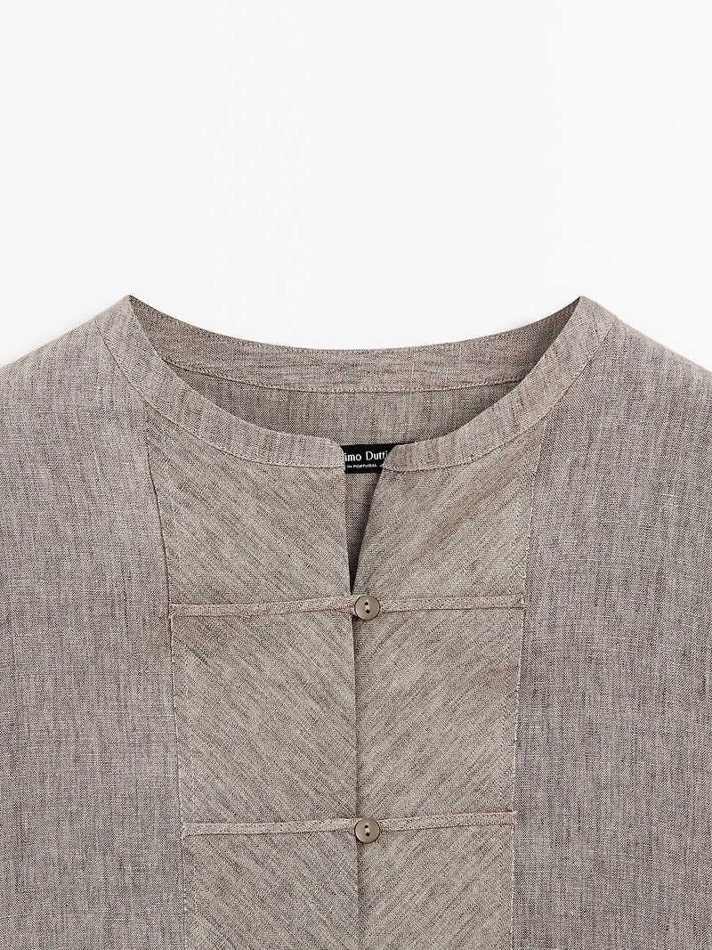 100% linen melange stand collar blouse