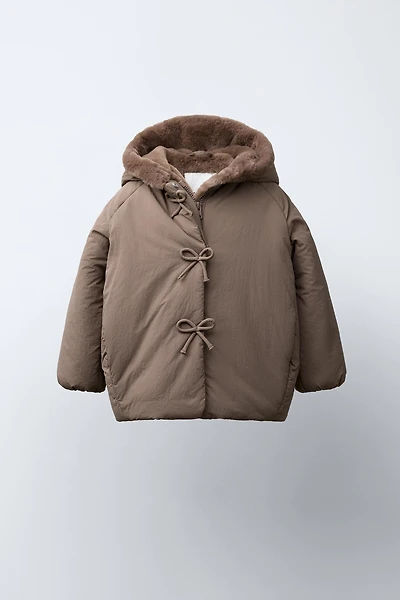 WATER REPELLENT PUFFER COAT WITH BOWS