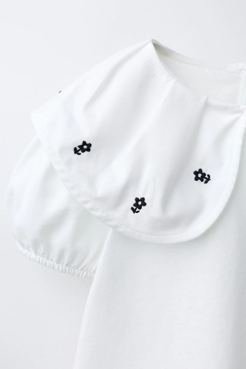EMBROIDERED FLORAL PETER PAN COLLAR T-SHIRT