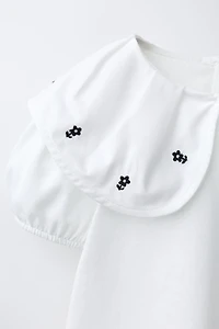 EMBROIDERED FLORAL PETER PAN COLLAR T-SHIRT