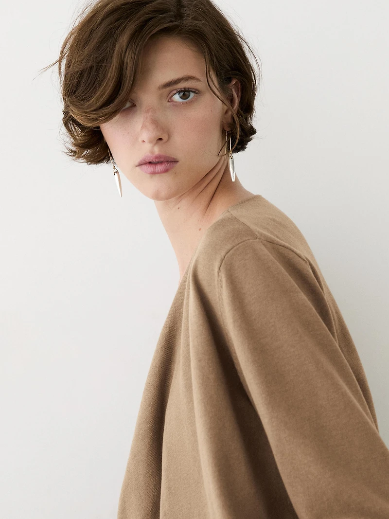 Cotton blend knit sweater with cowl neck