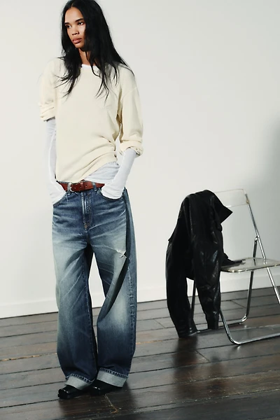 TRF MID-RISE RIPPED BAGGY FOLDED JEANS