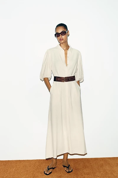 LINEN BLEND MIDI DRESS WITH BELT