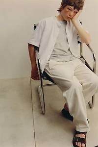 COTTON AND LINEN STRIPED MANDARIN COLLAR SHIRT