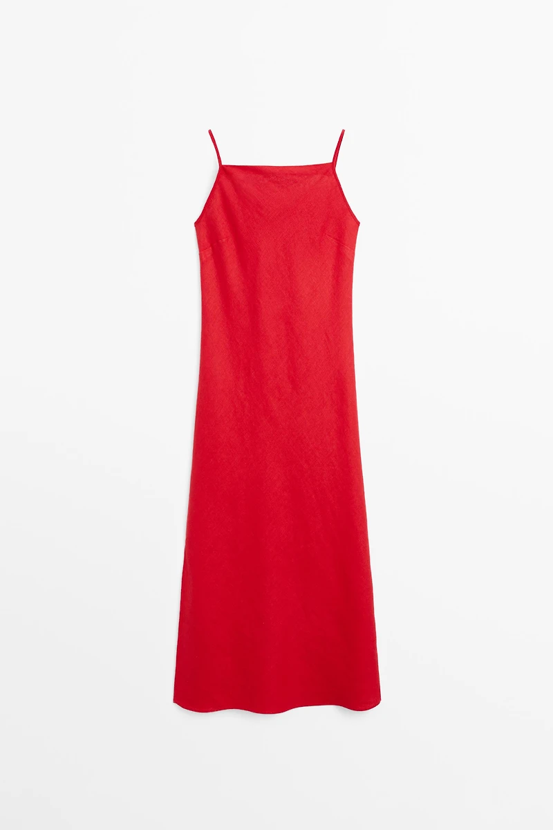 100% linen midi dress with straight neckline