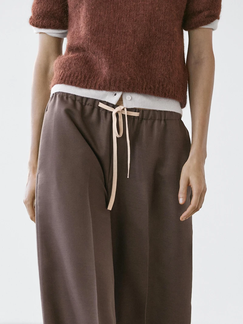 Wool blend contrast drawstring trousers