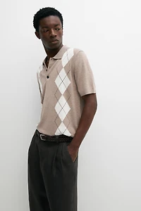 Cotton blend diamond pattern short sleeve polo shirt