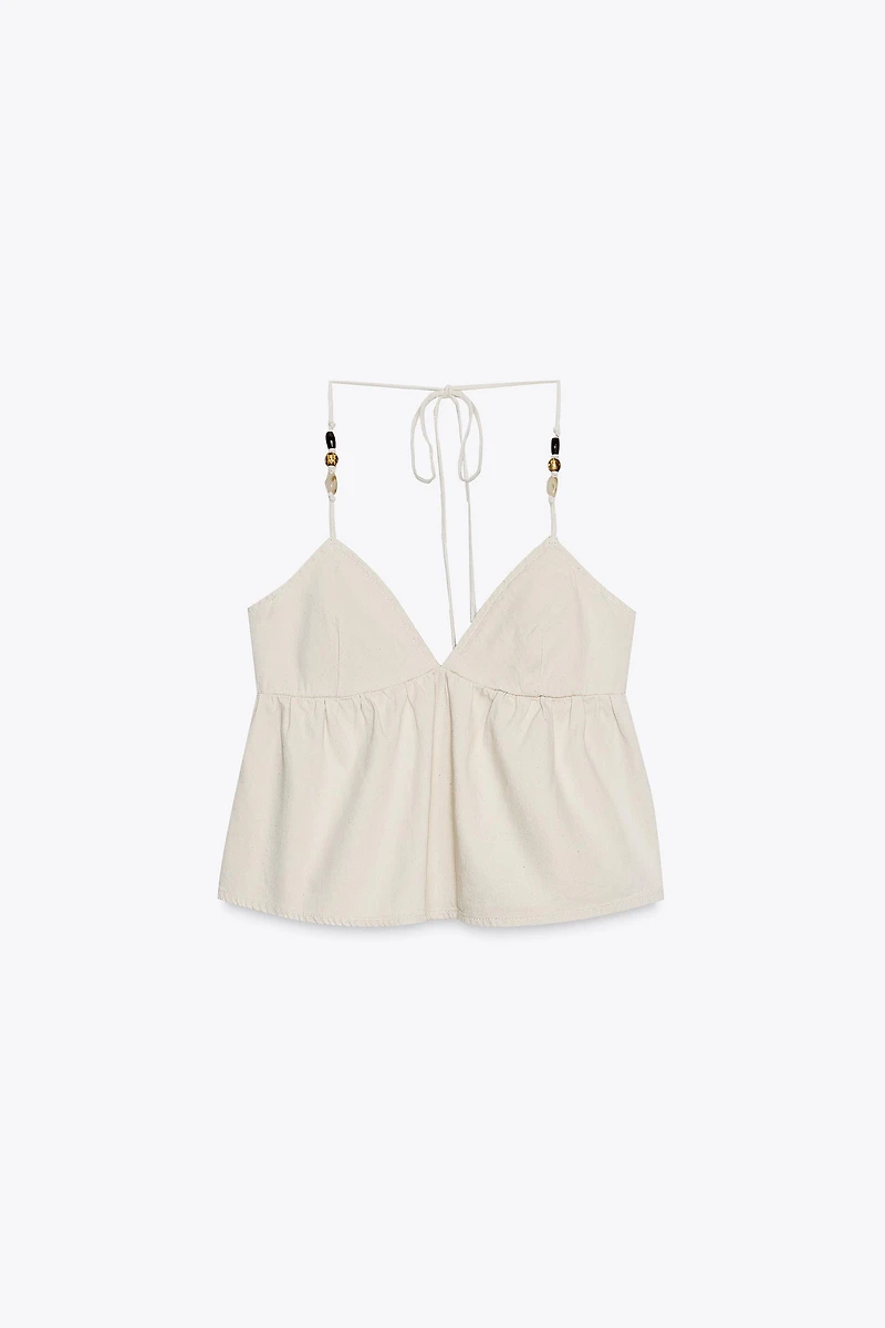 BEADED DENIM HALTER TOP