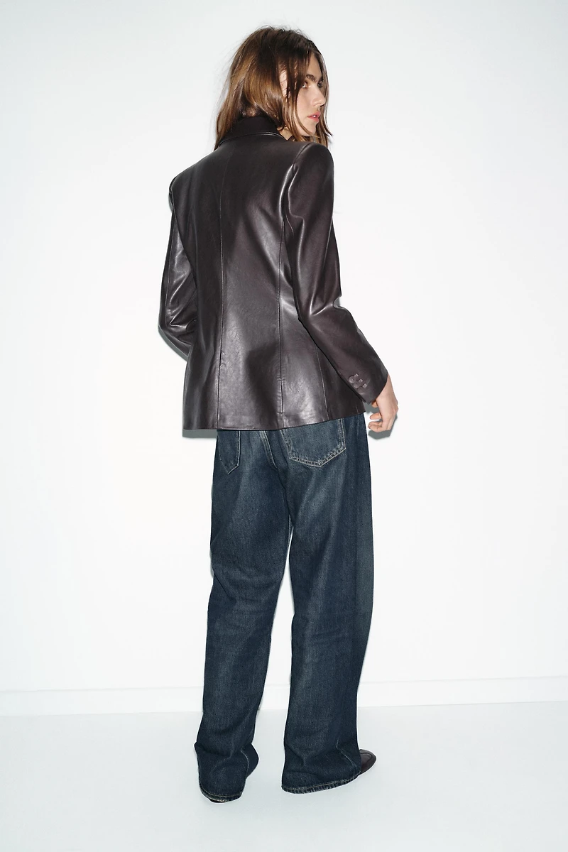FAUX LEATHER DOUBLE-BREASTED BLAZER