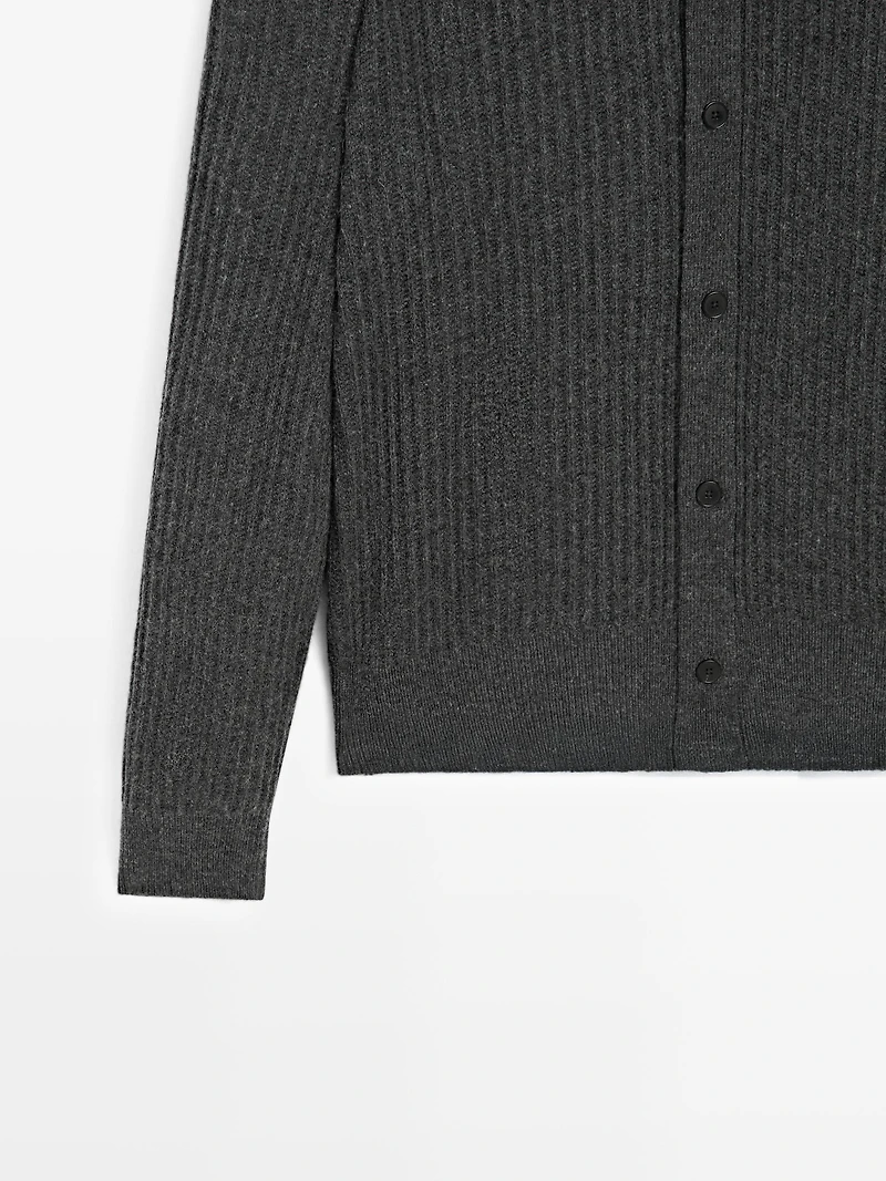 Cotton blend knit cardigan with high neck