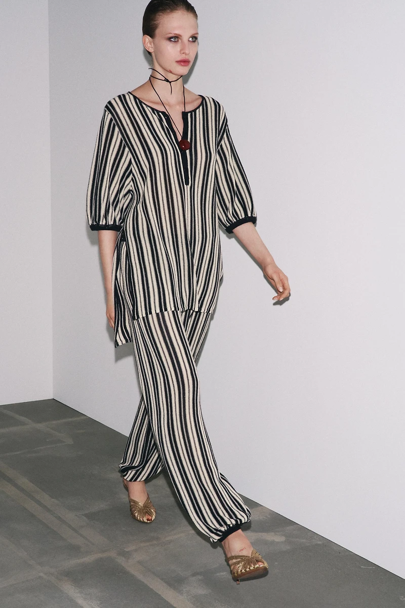 STRIPED LINEN CUFFED HEM PANTS