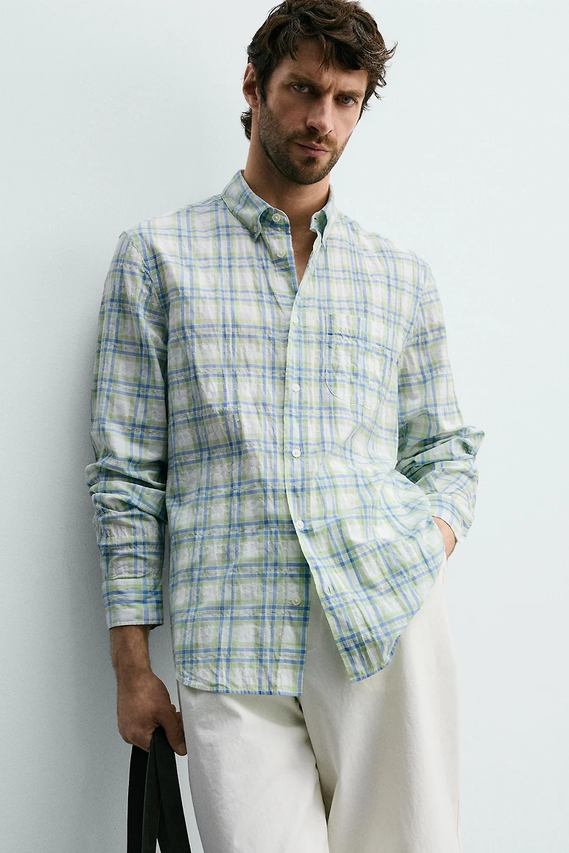 REGULAR FIT WRINKLE EFFECT PLAID SHIRT