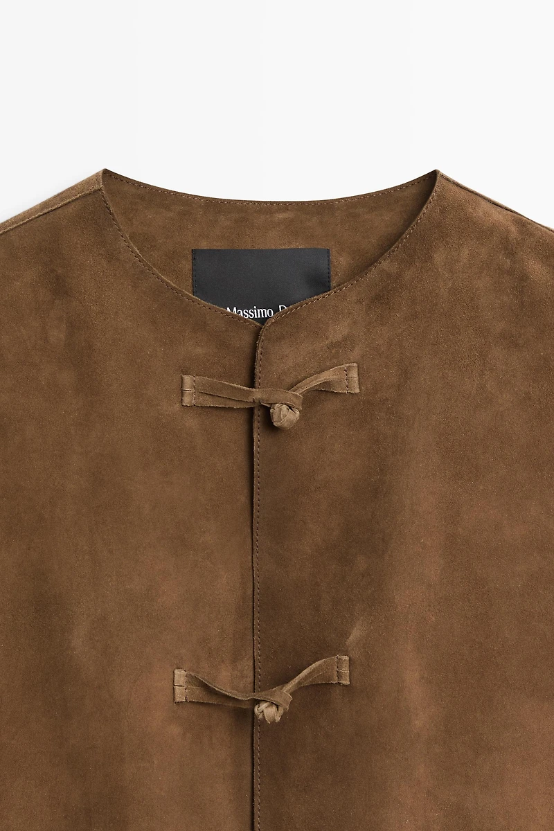 Veste à col officier en cuir finition daim