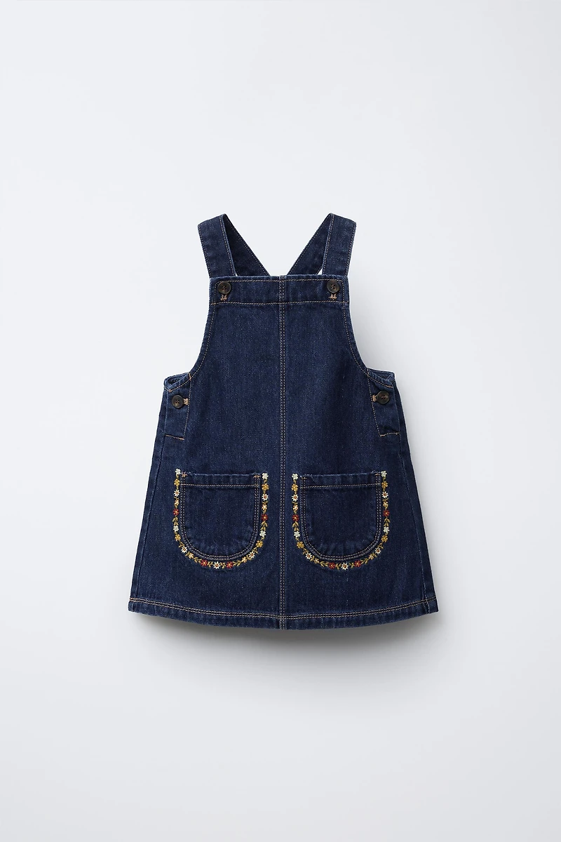 EMBROIDERED FLOWER DENIM OVERALL DRESS