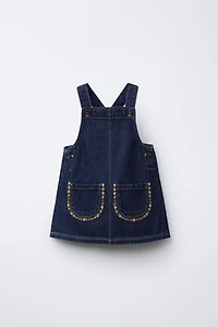EMBROIDERED FLOWER DENIM OVERALL DRESS