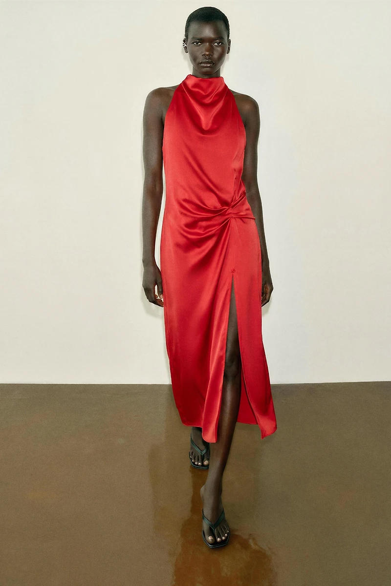 SATIN HALTER MIDI DRESS