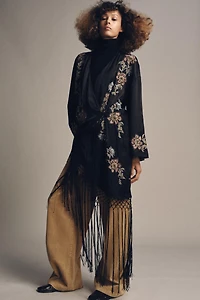EMBROIDERED FLORAL FRINGED KIMONO