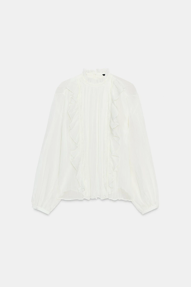 COTTON GAUZE LACE TRIM RUFFLED BLOUSE